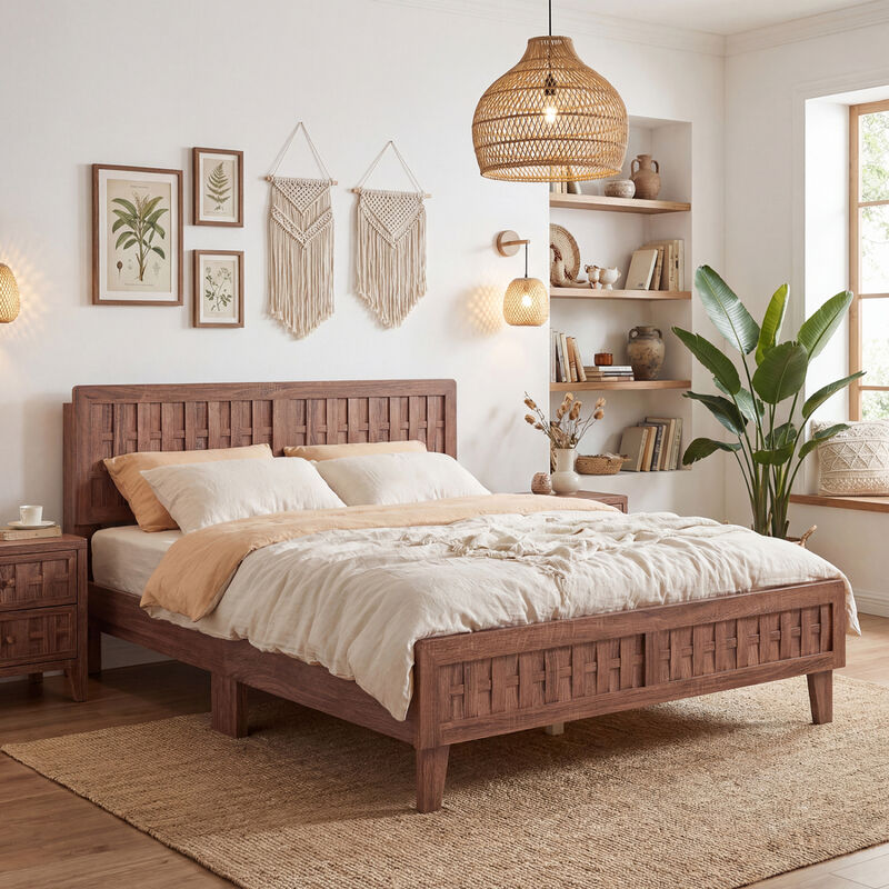 Wooden Bed Frame with Woven Accent Headboard for Modern Bedroom-Walnut image number 3