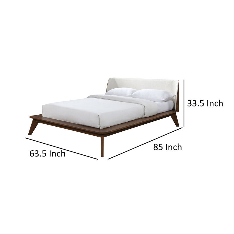 Linzy Queen Bed, Beige Boucle Upholstered Winged Edge, Brown Solid Wood - Benzara