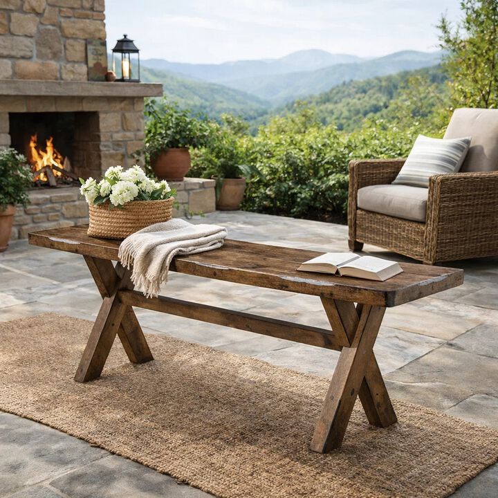 Wooden Trestle Style Base Bench, Brown-Benzara