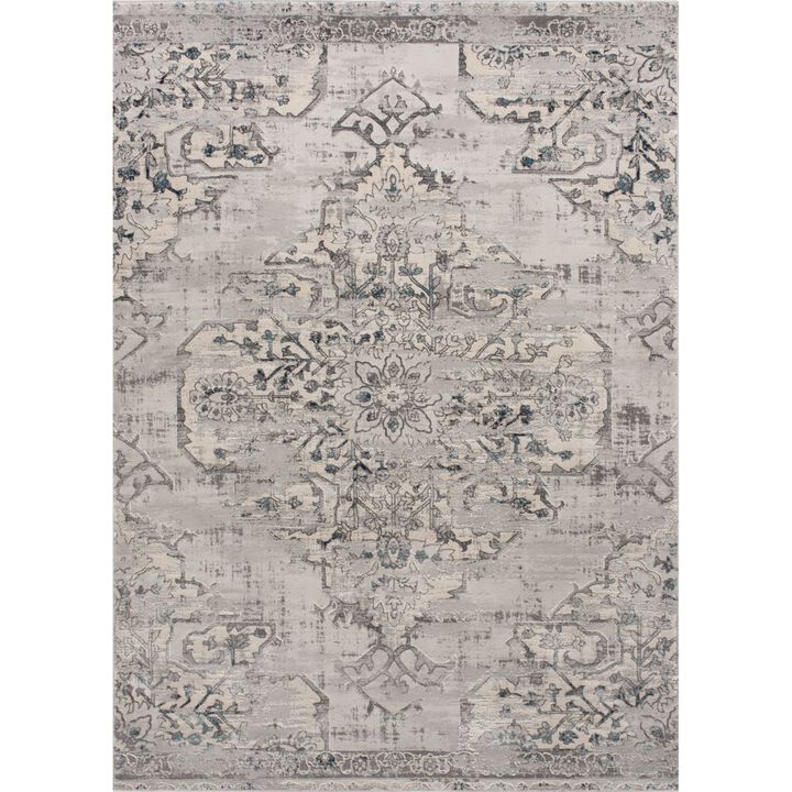 8' x 10' Gray and Blue Distressed Floral Rectangular Area Throw Rug