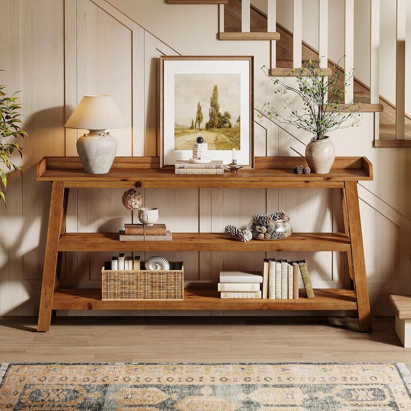 Farmhouse Solid Wood Sofa Console Table with 3-Tier Shelves-Vintage Brown image number 5