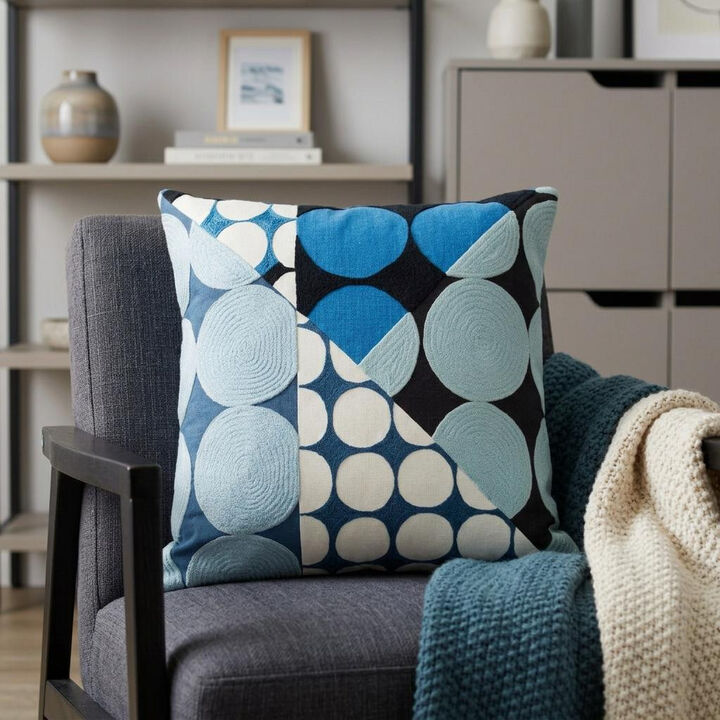 HomeRoots 24" Blue and Ivory Geometric Cotton Throw Pillow With Embroidery