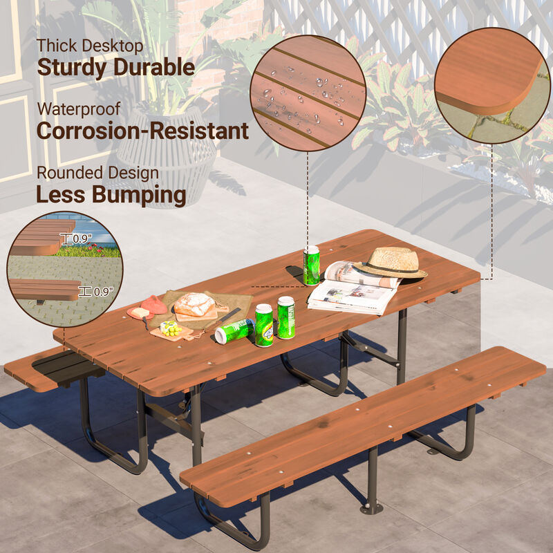 WOW PIONEER 72 Inch Rectangular 6-Person Outdoor Picnic Table with Built-in Benches, 1.97 Inch Umbrella Hole, Waterproof Corrosion Resistant image number 4