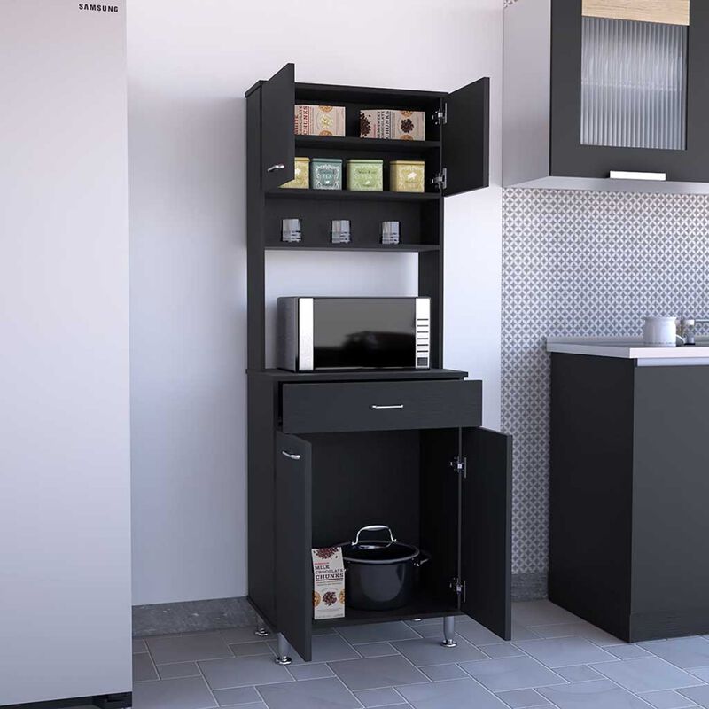 Della 60 Kitchen Pantry with Countertop, Closed & Open Storage -Black