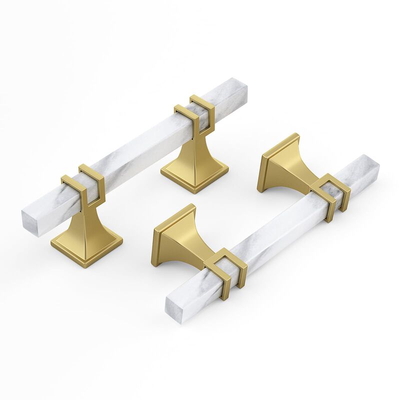 Lepatape 10 Pack 3 Inch White Marble Cabinet Pulls, Gold Cabinet Handles Marble Grain and Gold Pulls, Kitchen Cabinet Handles Sq