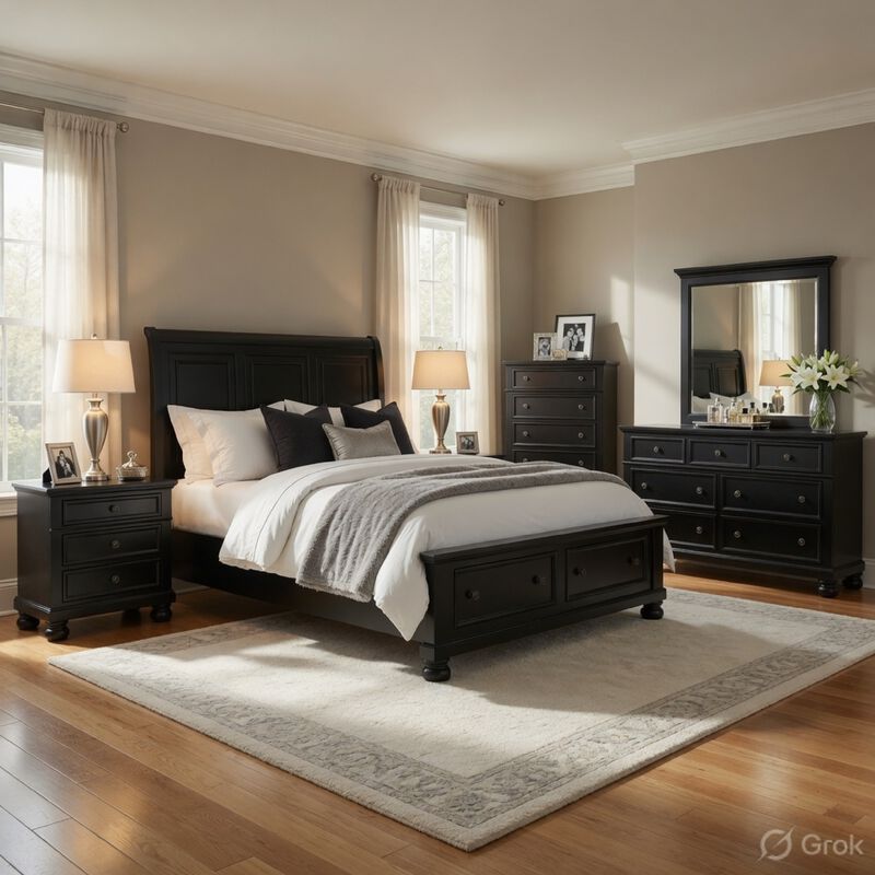 Queen Size Bedroom Set, Black Finish, Panel Headboard, 5-Piece Set with Bed, 2 Nightstands, Dresser and Chest image number 8