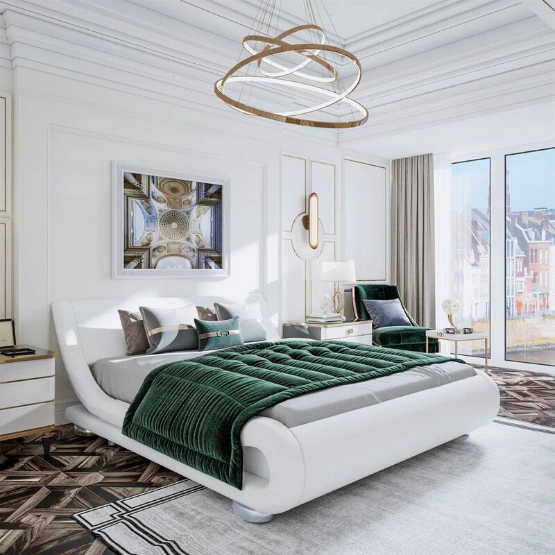 Upholstered Platform Bed with Sleigh Curved Headboard, Modern Bedroom Design