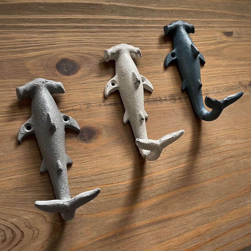 Charming Hammerhead Shark Wall Hooks Set &ndash; Decorative Cast Iron Hooks in Blue, Gray, and White, Nautical Decor for Beachy Spaces, 5 Inches High image number 6