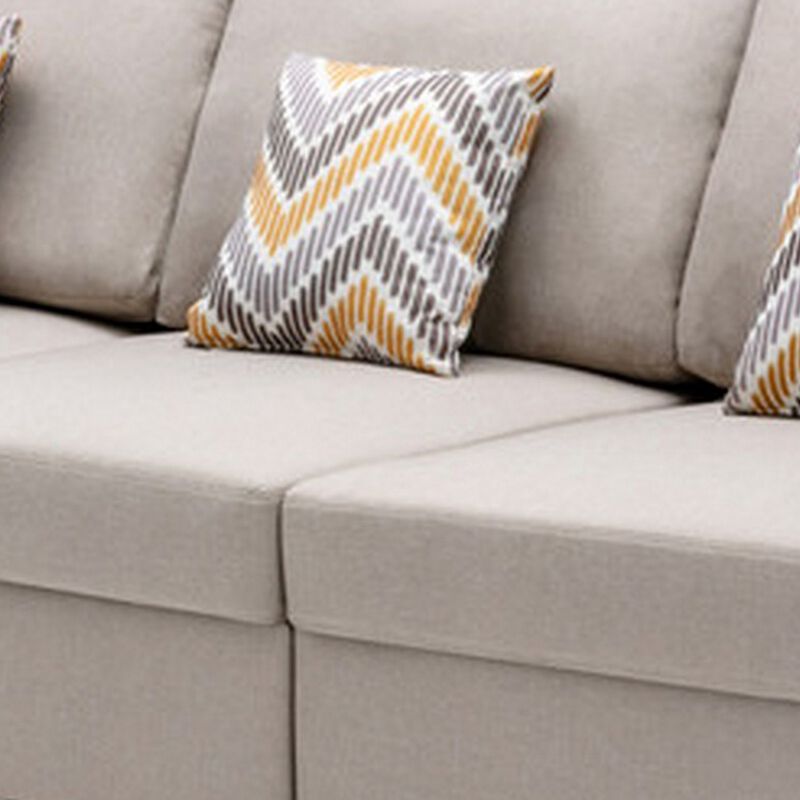 Meg 96 Inch Adjustable Modern Sofa with Throw Pillows and Beige Fabric-Benzara