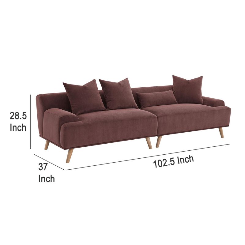 Beno Long Sofa, 103 Inch, Retro Burgundy Red Corduroy, 4 Throw Pillows - Benzara