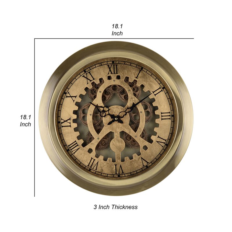 Reny 18 Inch Round Wall Clock, Gear Design, Roman Analog, Gold Bronze - Benzara