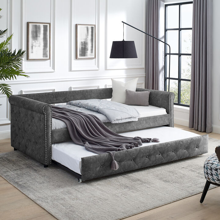 Hivvago Elegant Full Size Linen Upholstered Daybed with Backrest and Armrests