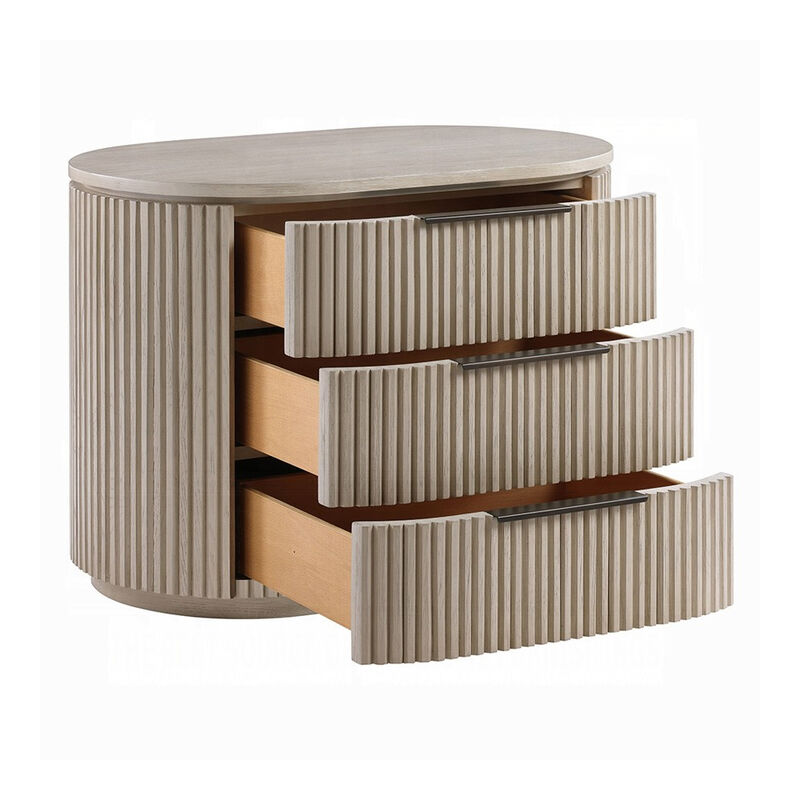 Dery Nightstand with USB Ports, 3 Ribbed Front Drawers, Light Oak Brown image number 3