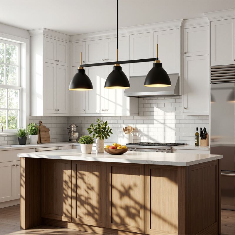 Three-Light Linear Kitchen Island Light, Black and Gold Dome Shades image number 1