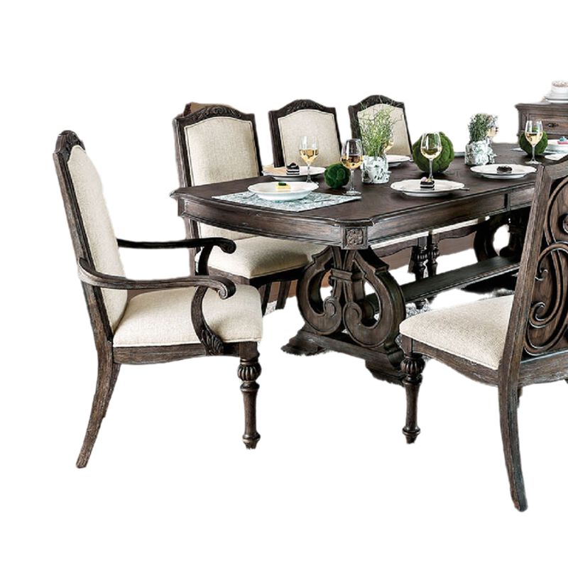 Arca 9pc Dining Table Set with 8 Ivory Fabric Chair, Rustic Solid Wood - Benzara