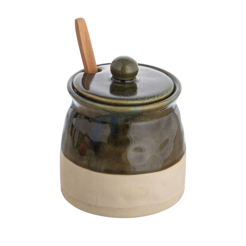 Stoneware Sugar Pot with Lid and Wood Spoon, Deep Green Glaze image number 0