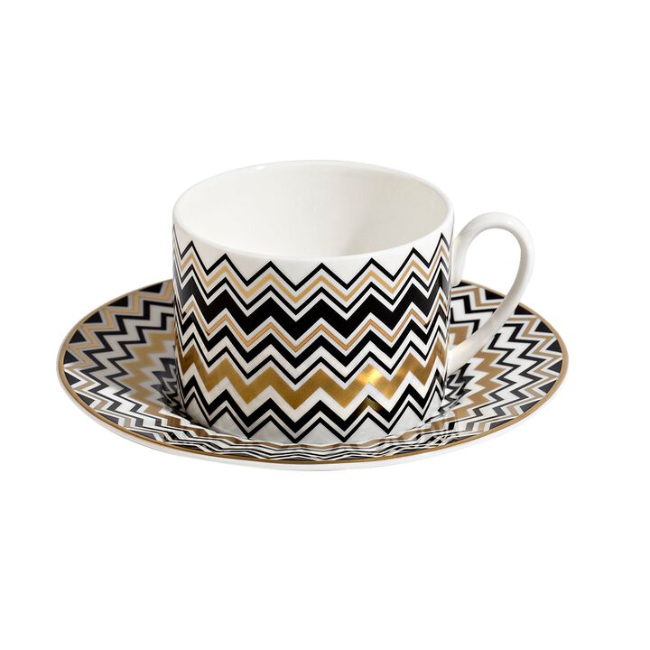 Tea Cup & Saucer ZIG ZAG GOLD Set of 2, cup diam. 3.35", H 2.36", saucer diam. 6.1"