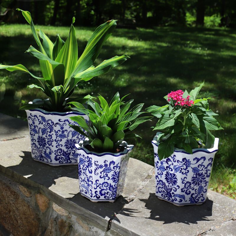 Euro Ceramica Blue and White Chinoiserie Ceramic Garden Planter, Set of 3 image number 2