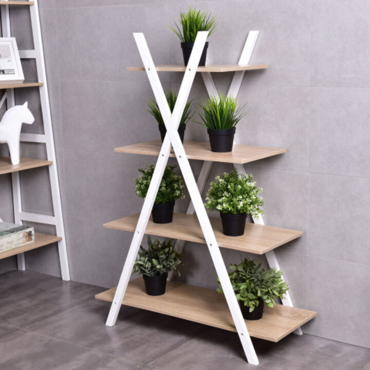 X-Shape 4-Tier Display Shelf Rack Potting Ladder-White