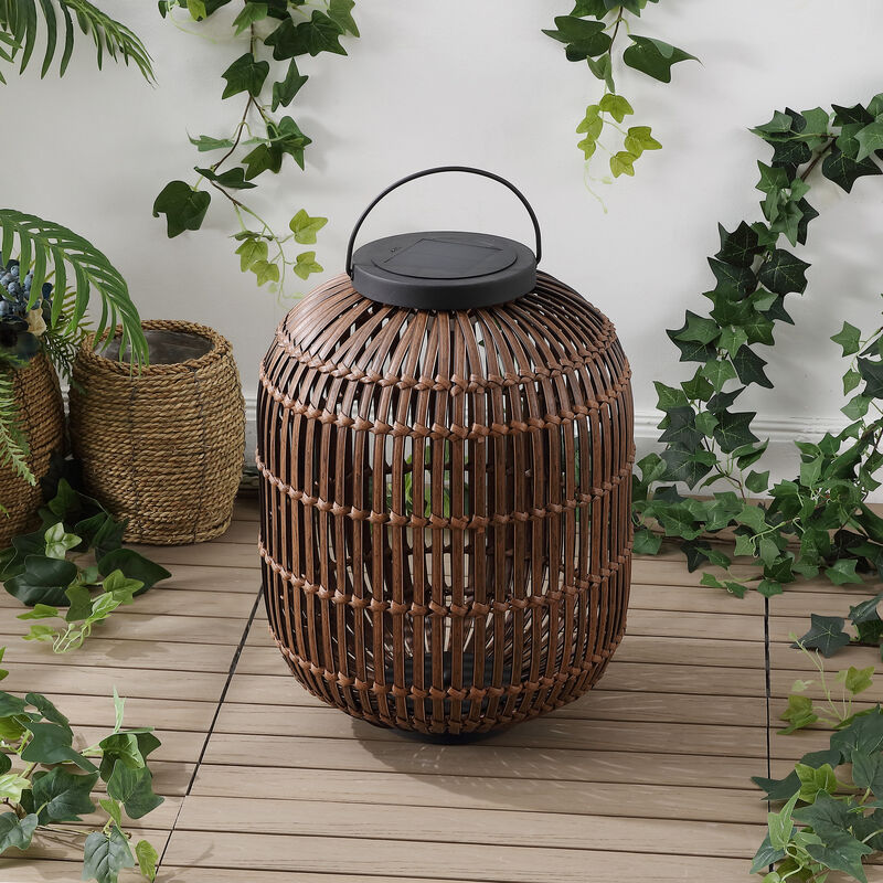 Nara 20.5" Modern Global Faux Rattan Integrated Indoor/Outdoor LED Solar Powered Lantern