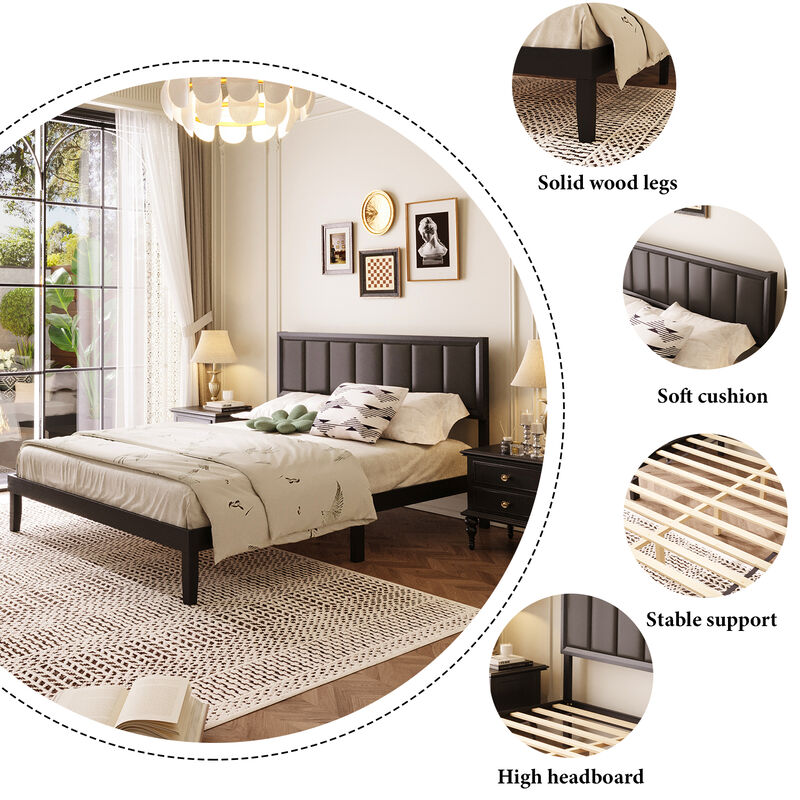 FUFU&GAGA Modern Upholstered Solid Wood Bed Frame in Black, Rubberwood Platform Bed with Padded Linen Headboard and Plywood Slats, Queen Size, (82" L x 63.3" W x 40.9" H),Black