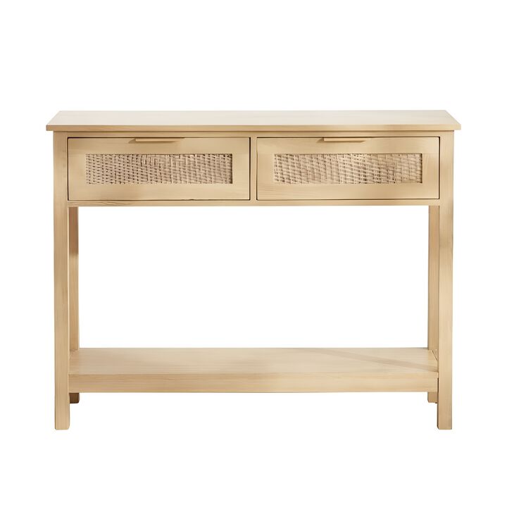 Compact Rattan Console Table &ndash; Entry Table, 2 Drawers & Sliding Door for Hallway or Living Room