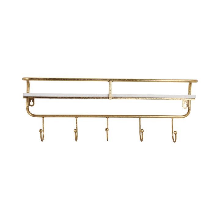 Metal/wood 20" 5  Hook Wall Shelf, White/gold