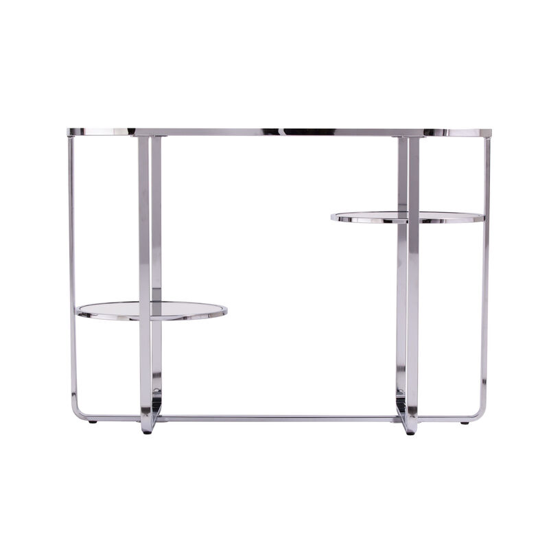 HomeRoots 42" Silver Mirrored Glass and Iron Oval Cross Leg Console Table With Two Shelves image number 3
