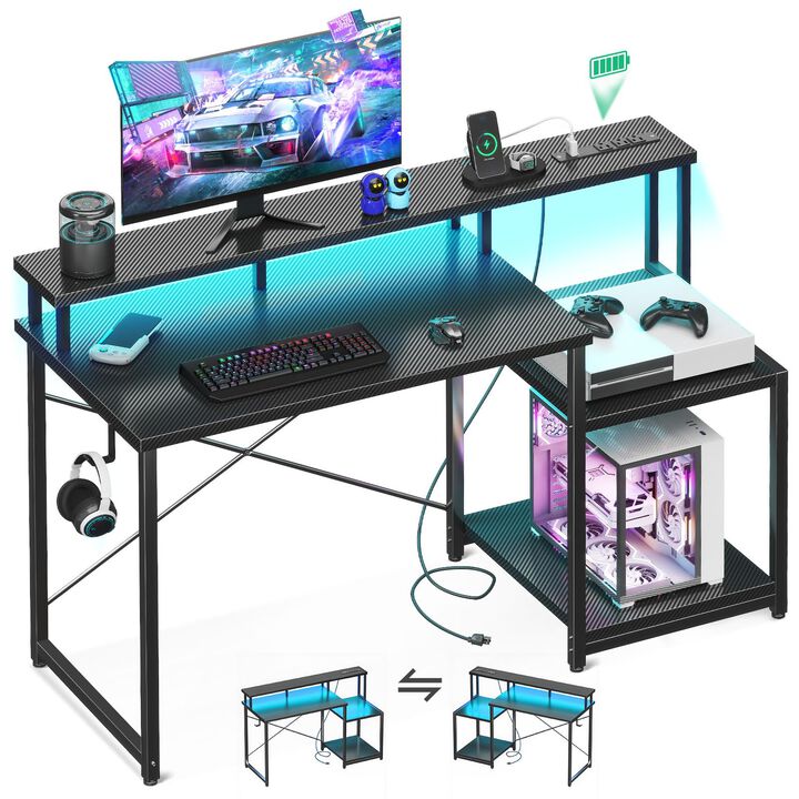 AODK Computer Desk, 48 Inch Gaming Desk with Led Lights & Power Outlet, Office Desk with Printer Storage Shelves, Reversible Des