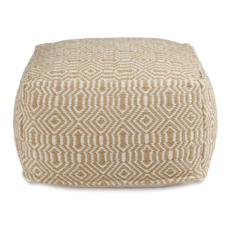 Sena 22 Inch Ottoman Pouf, Handwoven Pattern, Cotton Cover, Beige White - Benzara