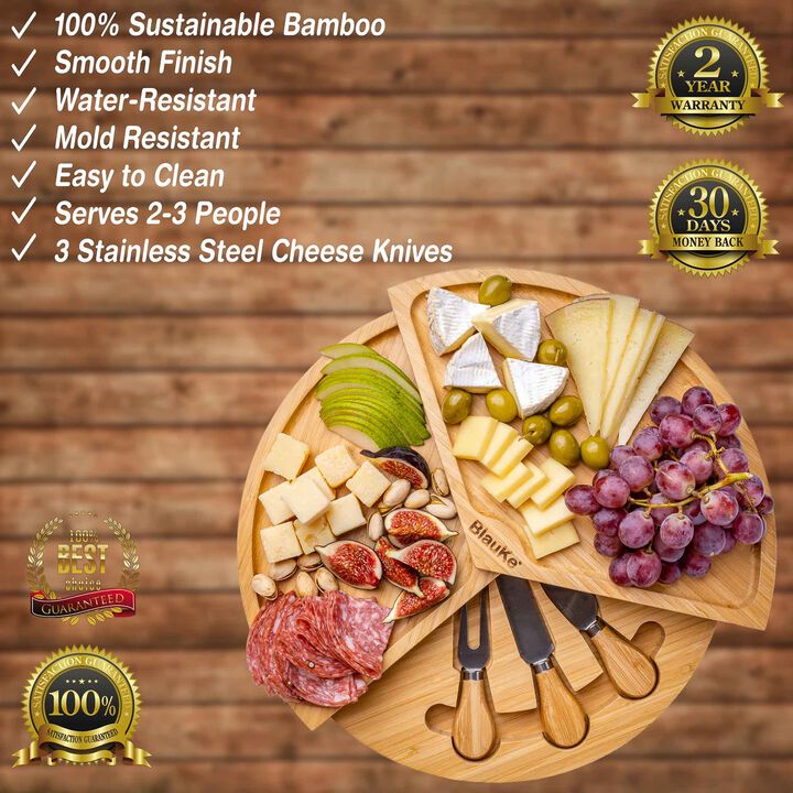 Bamboo Cheese Board and Knife Set - 14 Inch Swiveling Charcuterie Board with Slide-Out Drawer - Cheese Serving Platter, Round Serving Tray
