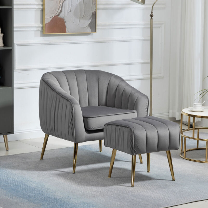 Velvet Accent Chair with Ottoman, Modern Tufted Barrel Chair Ottoman Set for Living Room Bedroom, Golden Finished, Grey