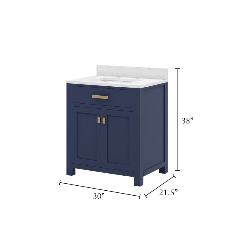 Madison 30 In. Single Sink Carrara White Marble Countertop Bath Vanity In Monarch Blue with Satin Gold Hardware