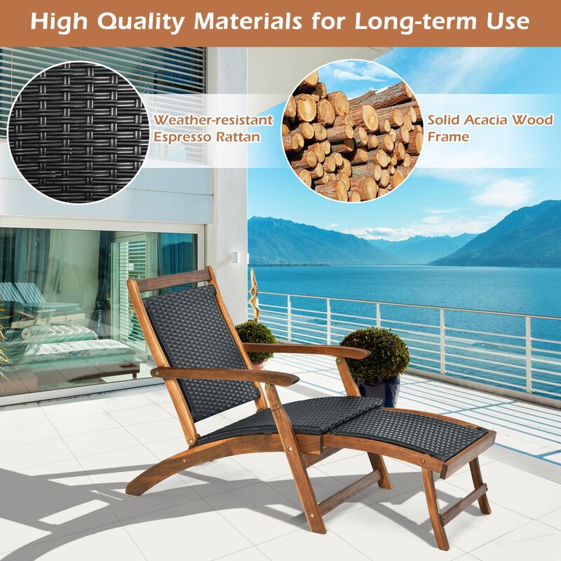 Set of 2 Folding Patio Rattan Lounge Chairs with Acacia Wood Frame and Footrest image number 4