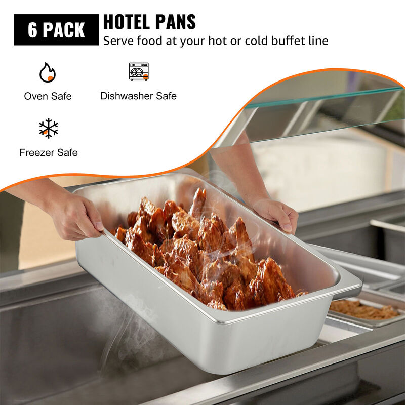 6" Deep Steam Table Pan Full Size 20.5 L/21.7 Quart Stainless Steel Anti-Jam 6 Pack