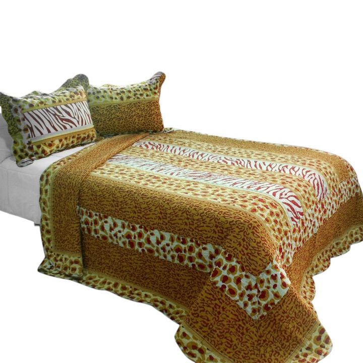 Soft Cotton 3PC Printed Quilt Set, Golden Time Vermicelli Quilted Style-Multicolor