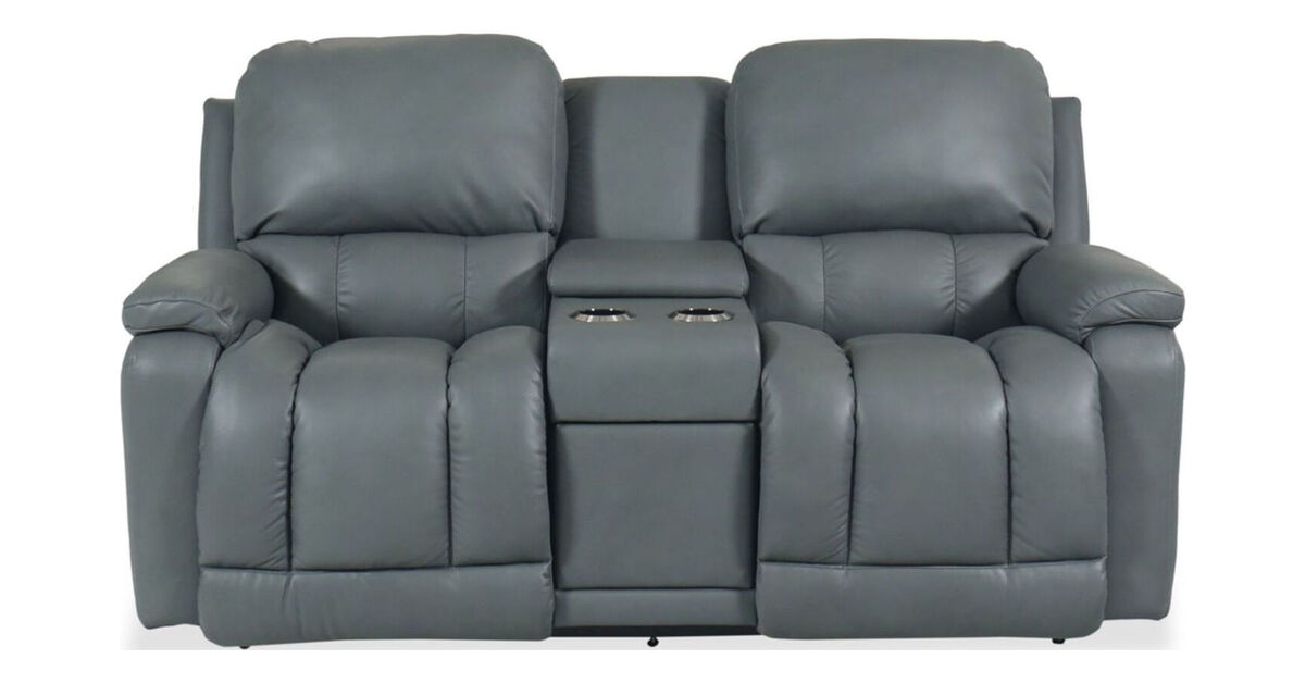 Greyson Blue Gray Leather Power Reclining Loveseat with Adjustable Headrest & Console