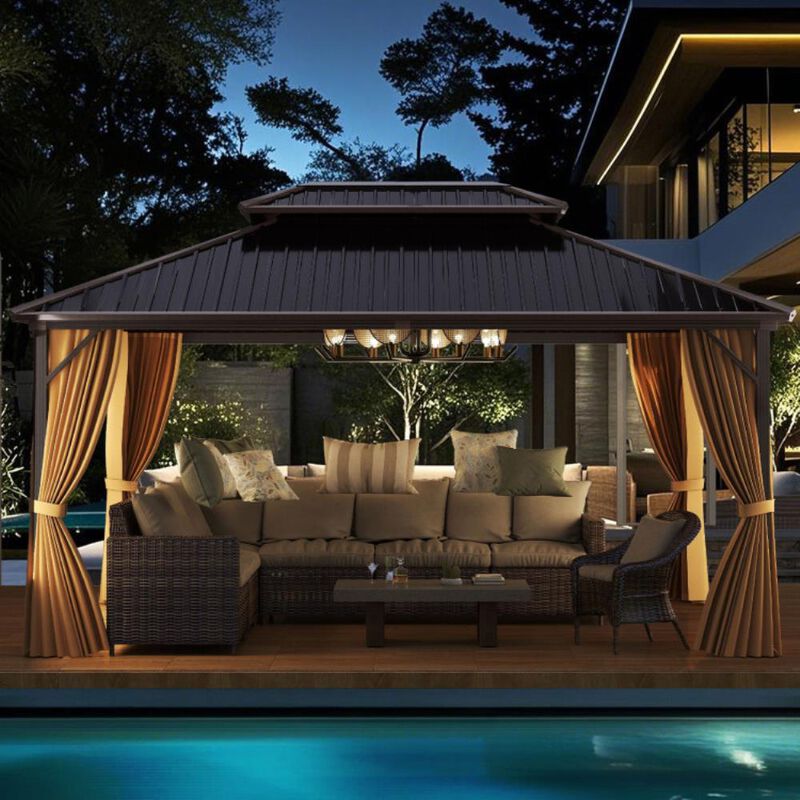Hivvago 16 x 12 Feet Hardtop Gazebo Aluminum Frame Permanent Pavilion with Curtains and Netting image number 9
