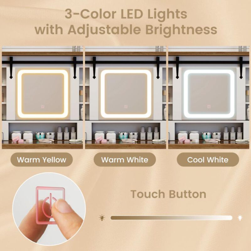 Hivvago Makeup Vanity Desk with Mirror and 3-Color Dimmable LED Lights-White