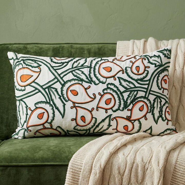 HomeRoots 14" X 24" Green and White Cotton Lumbar Throw Pillow with Embroidery