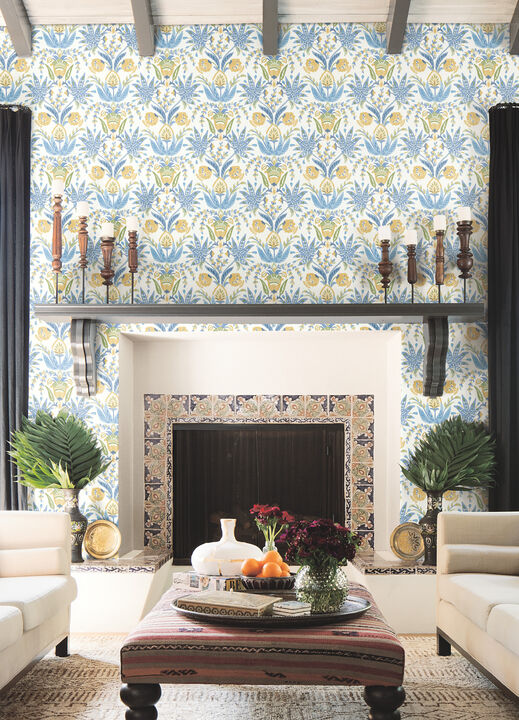 Seaside Jacobean Yellow & Blue Wallpaper