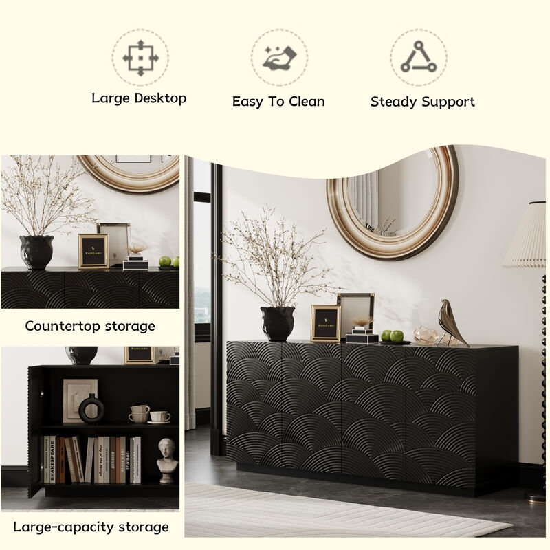 TATEUS Black Freestanding Sideboard Buffet Cabinet - 4 Doors Luxurious Accent Storage with Anti-Dumping for Home Spaces
