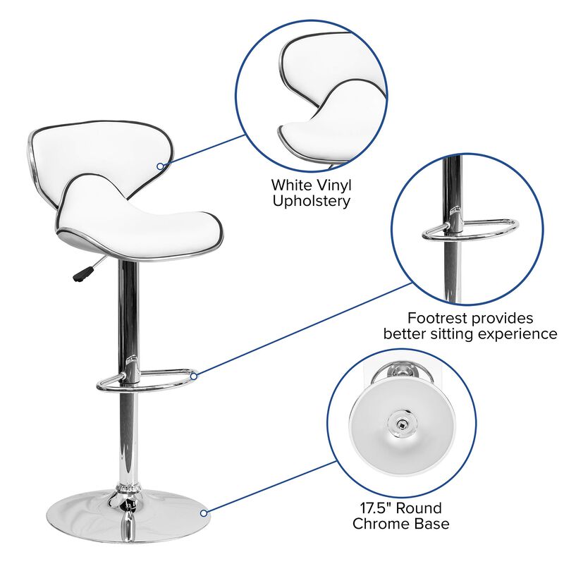 Flash Furniture Devin Contemporary Cozy Mid-Back White Vinyl Adjustable Height Barstool with Chrome Base