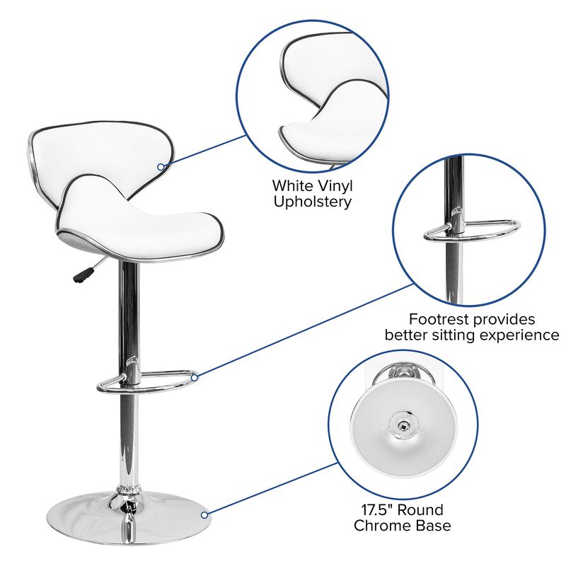 Flash Furniture Devin Contemporary Cozy Mid-Back White Vinyl Adjustable Height Barstool with Chrome Base image number 2