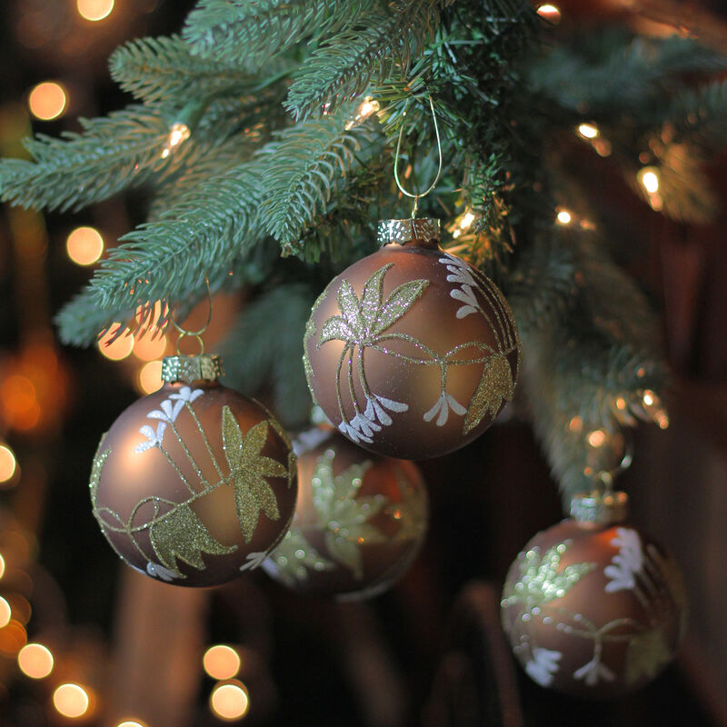 4ct Brown and Gold 2-Finish Floral Glass Christmas Ball Ornaments 3.25" (80mm) image number 1