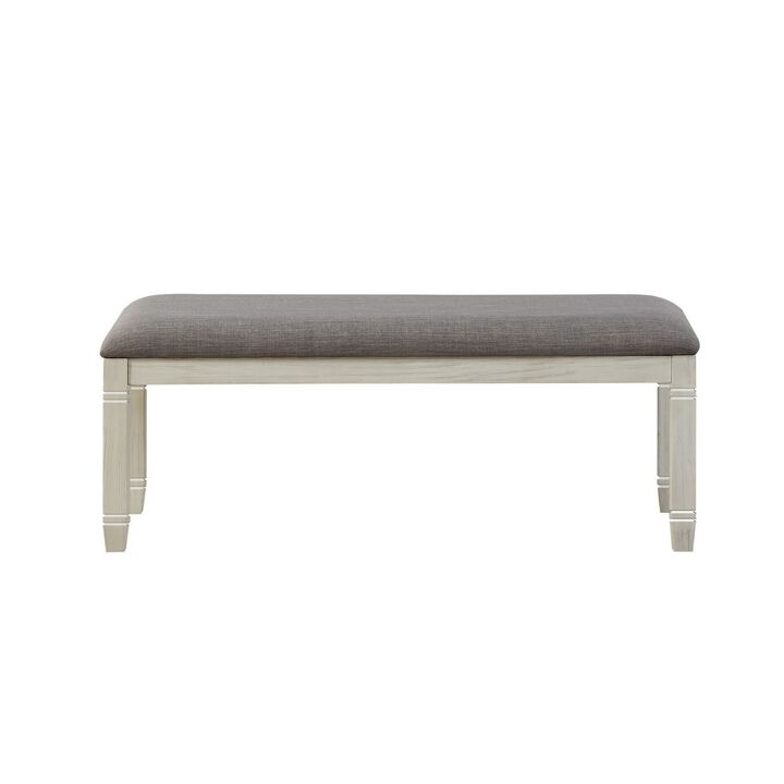 Fabric Upholstered Padded Bench with Tapered Feet, Antique White and Gray - Benzara