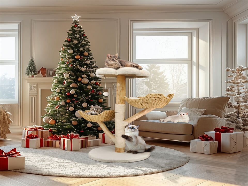 Extra Large Cat Trees Tall Solid Wood Cat Tree Tower with Spacious Wicker Basket