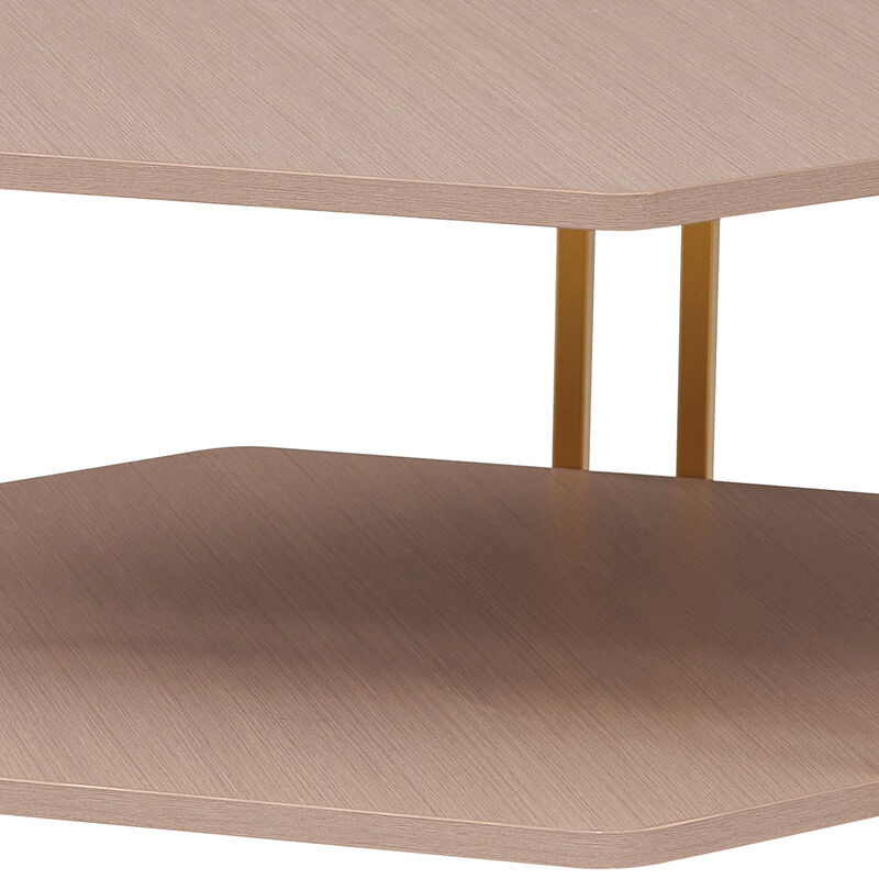 36 Inch Hexagonal Modern Coffee Table, Wood Top and Shelf, Gold Metal Legs-Benzara image number 4