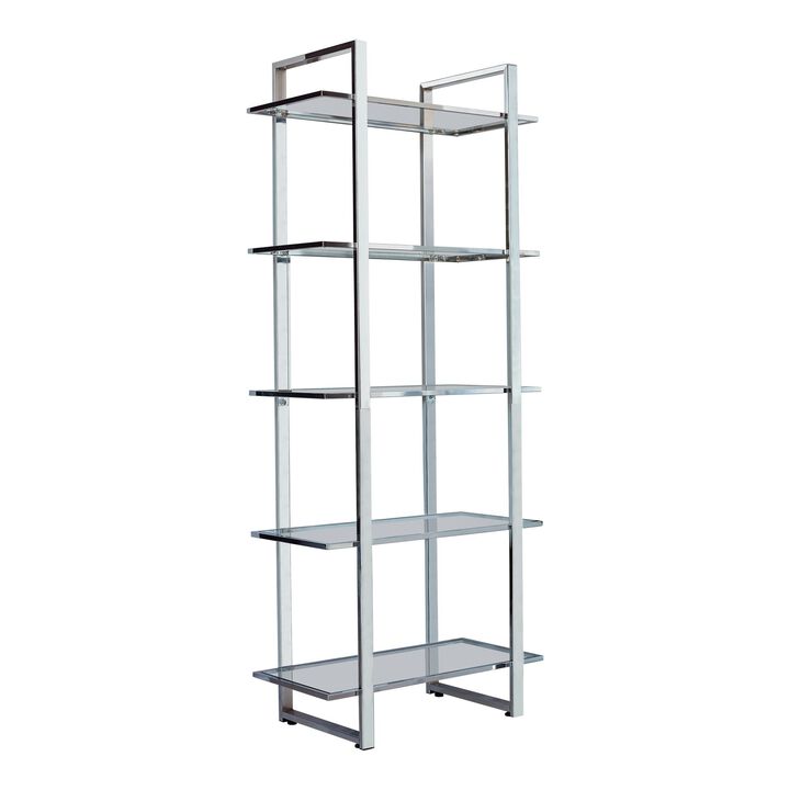 79 Inch Bookcase, Metal Frame, Tempered Glass Shelves, Polished, Silver-Benzara