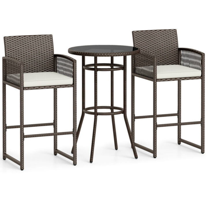 Outdoor Wicker 3 Piece Bar Set with Round Bar Height Table and Armchairs-White